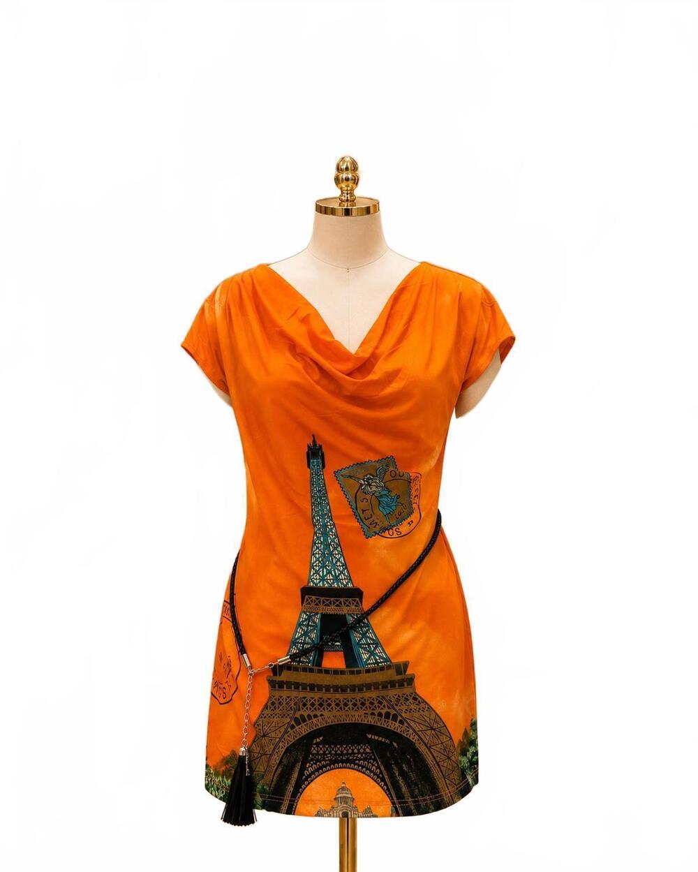 NEW PARIS PARIS women's belted cowl neck tunic top in paris orange